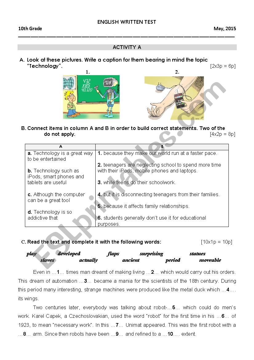 Test 10th grade Robots and disabled people