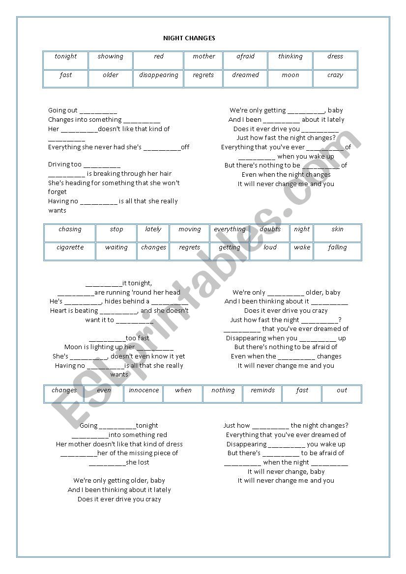 Night Changes worksheet