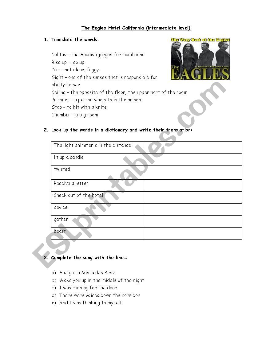 Hotel Calofornia song worksheet