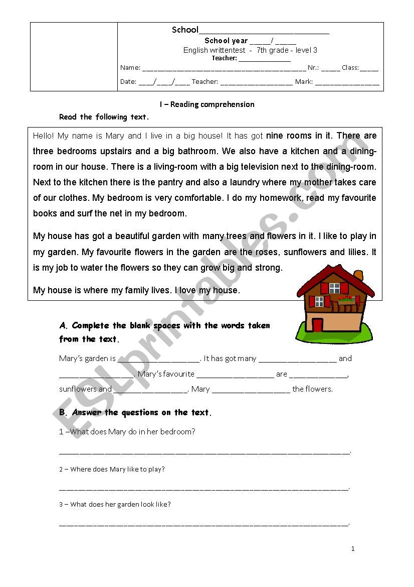 7th grade test - The House worksheet