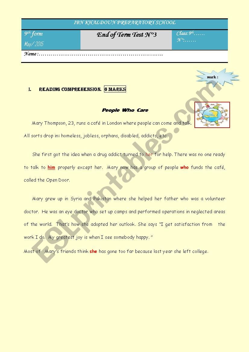 End of Term Test N°3   9th form 2015