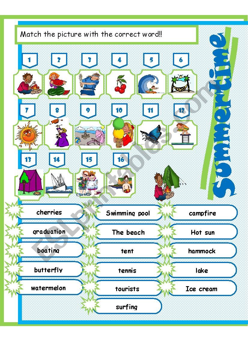 Summer vocabulary - matching worksheet