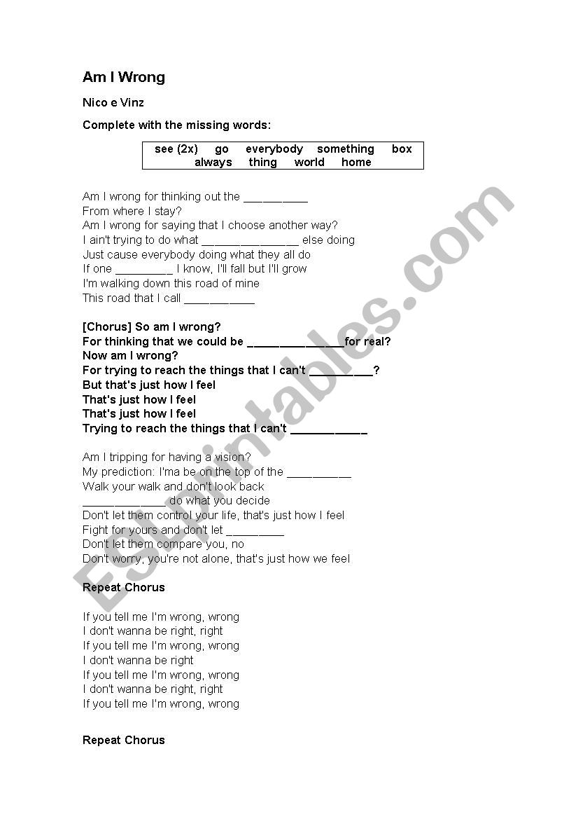 Am I wrong worksheet