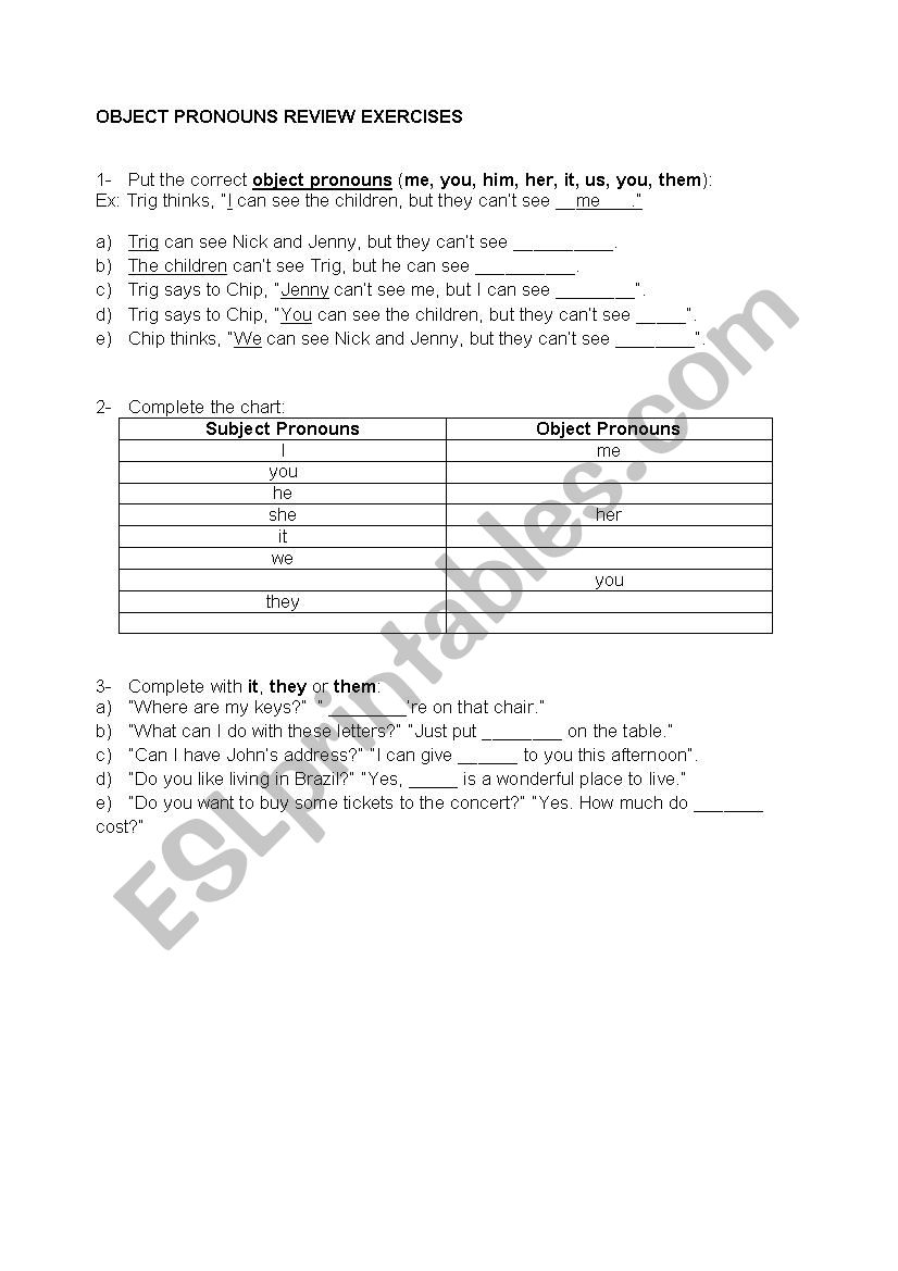 Object pronouns worksheet