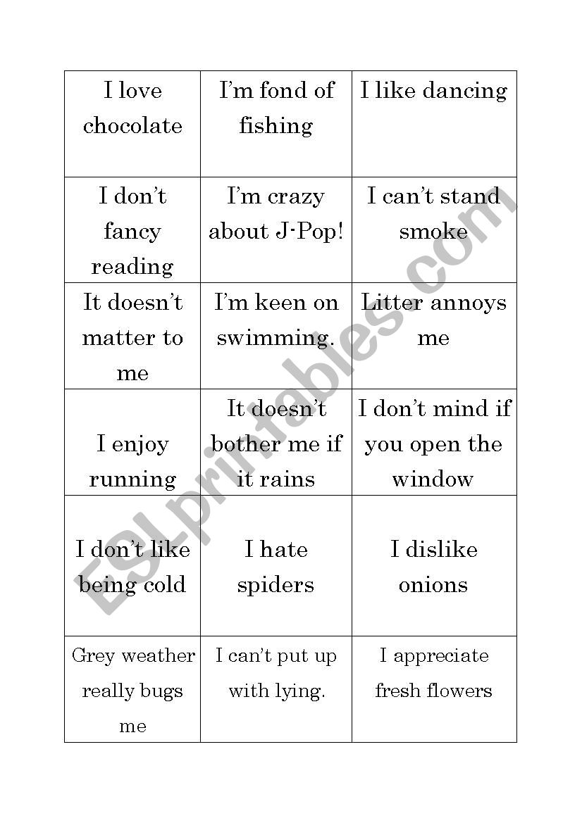 Likes Dislikes cards worksheet