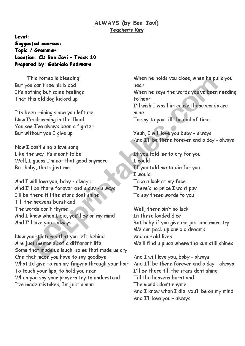 always bon jovi - ESL worksheet by pamela_sanchez