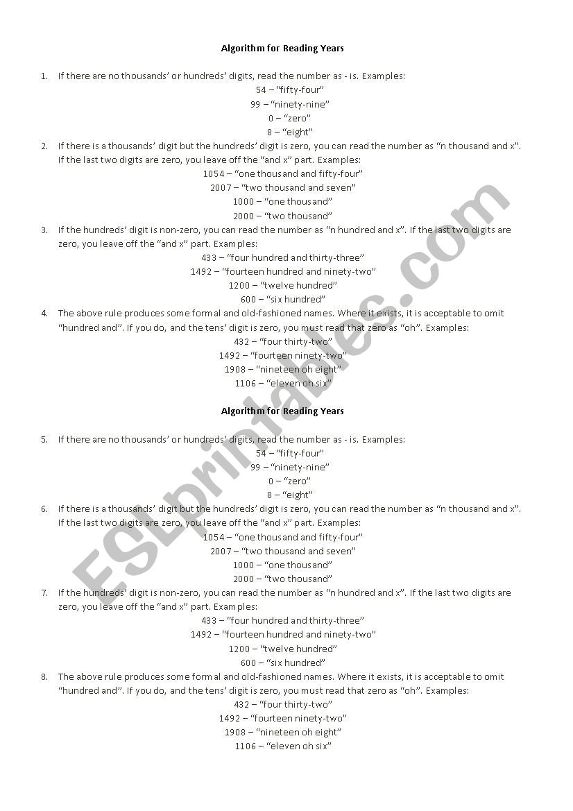 Algorithm for reading years worksheet