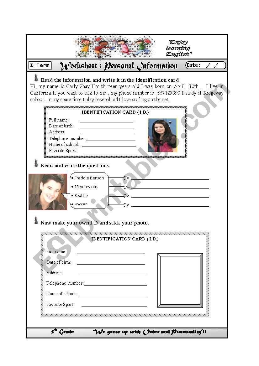 Personal information worksheet