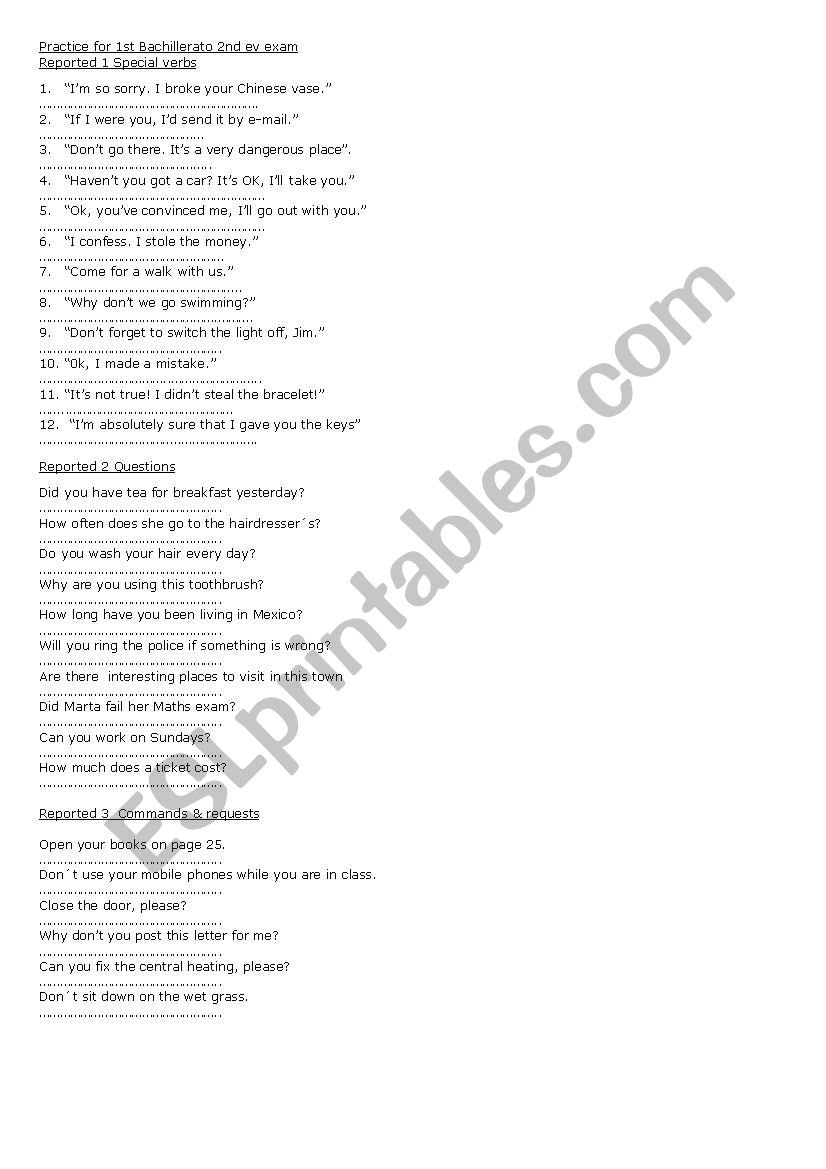 Reported Verbs worksheet