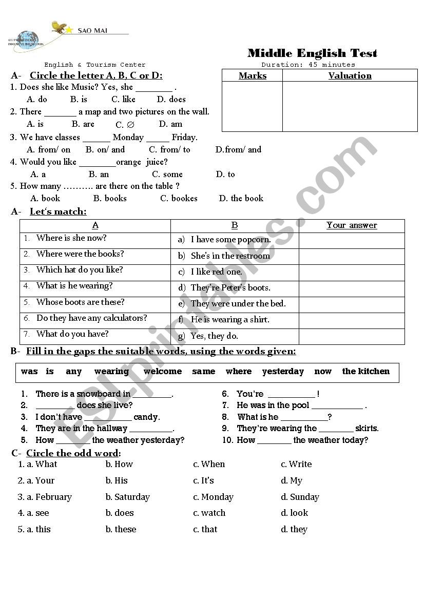 Let´s go 3 (Mid-term Test) worksheet