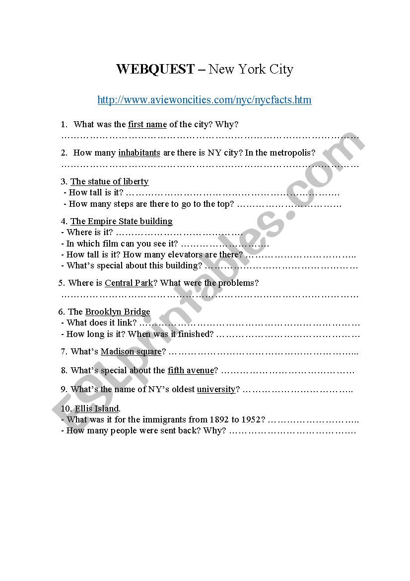 Webquest New York City worksheet