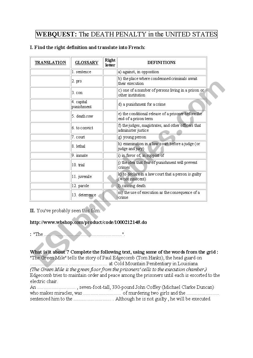 Webquest Death Penalty worksheet