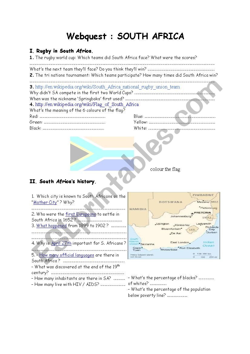 Webquest South Africa worksheet