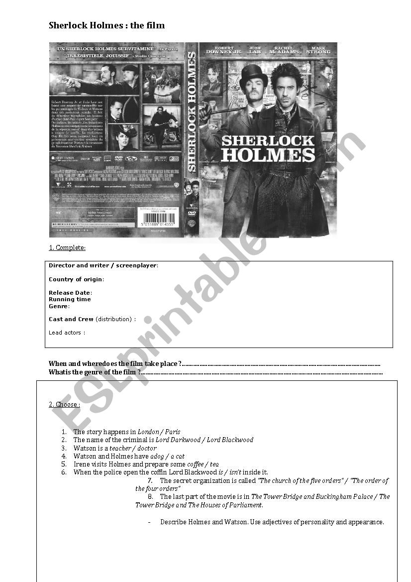 Sherlock Holmes : the film worksheet