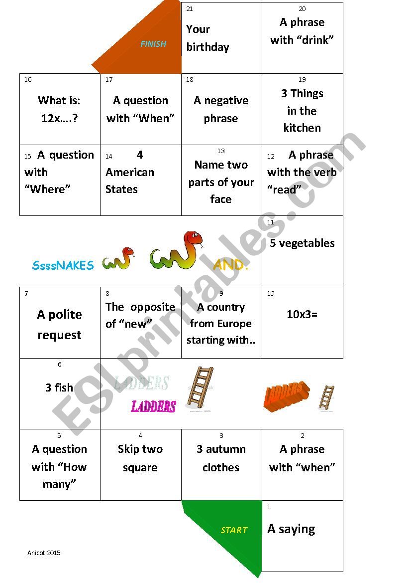 Snakes and ladders worksheet