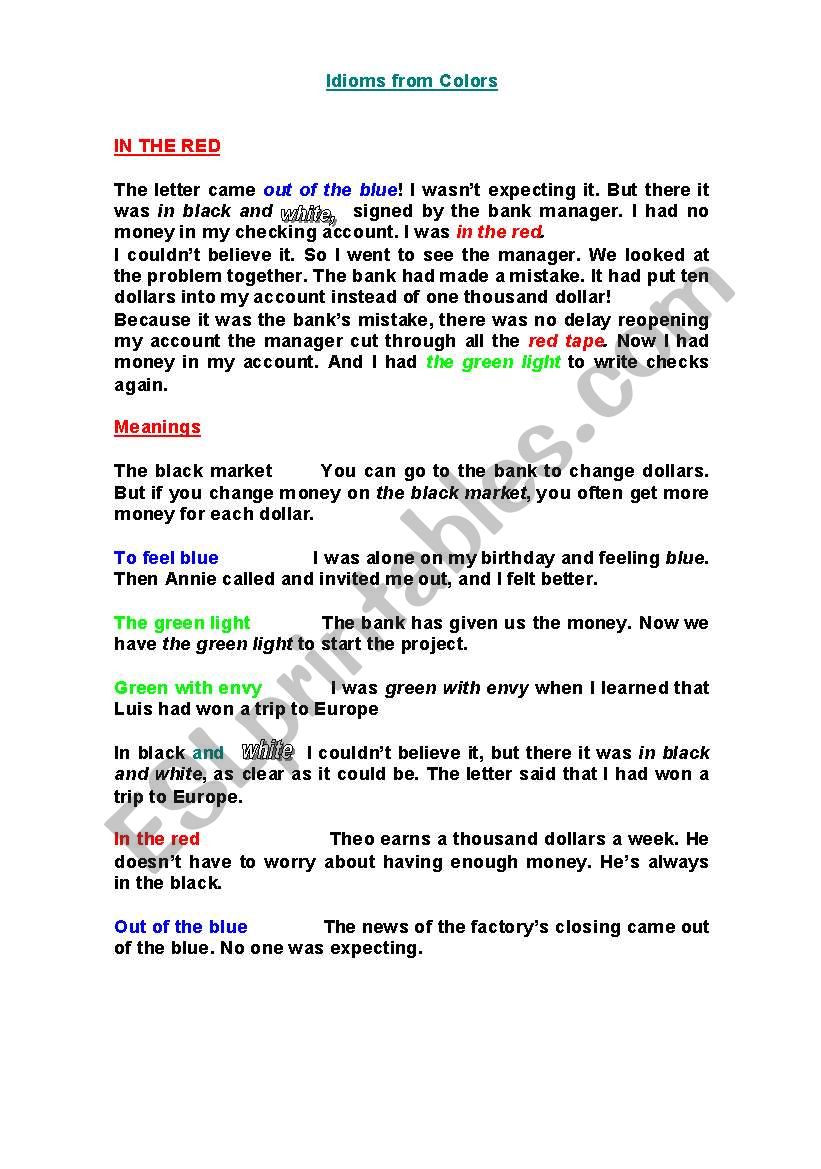Idioms from colors worksheet