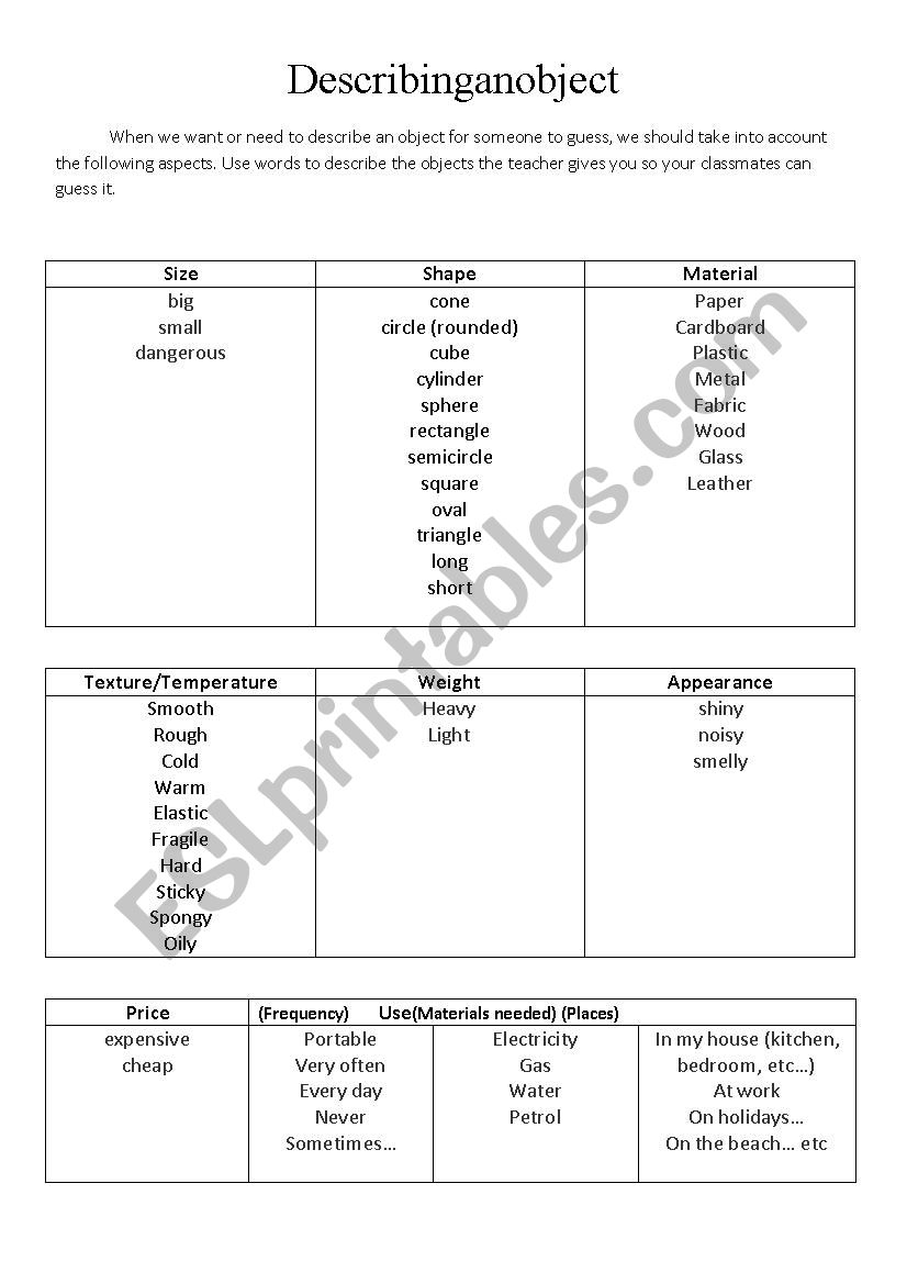 Words and expressions to describe objects