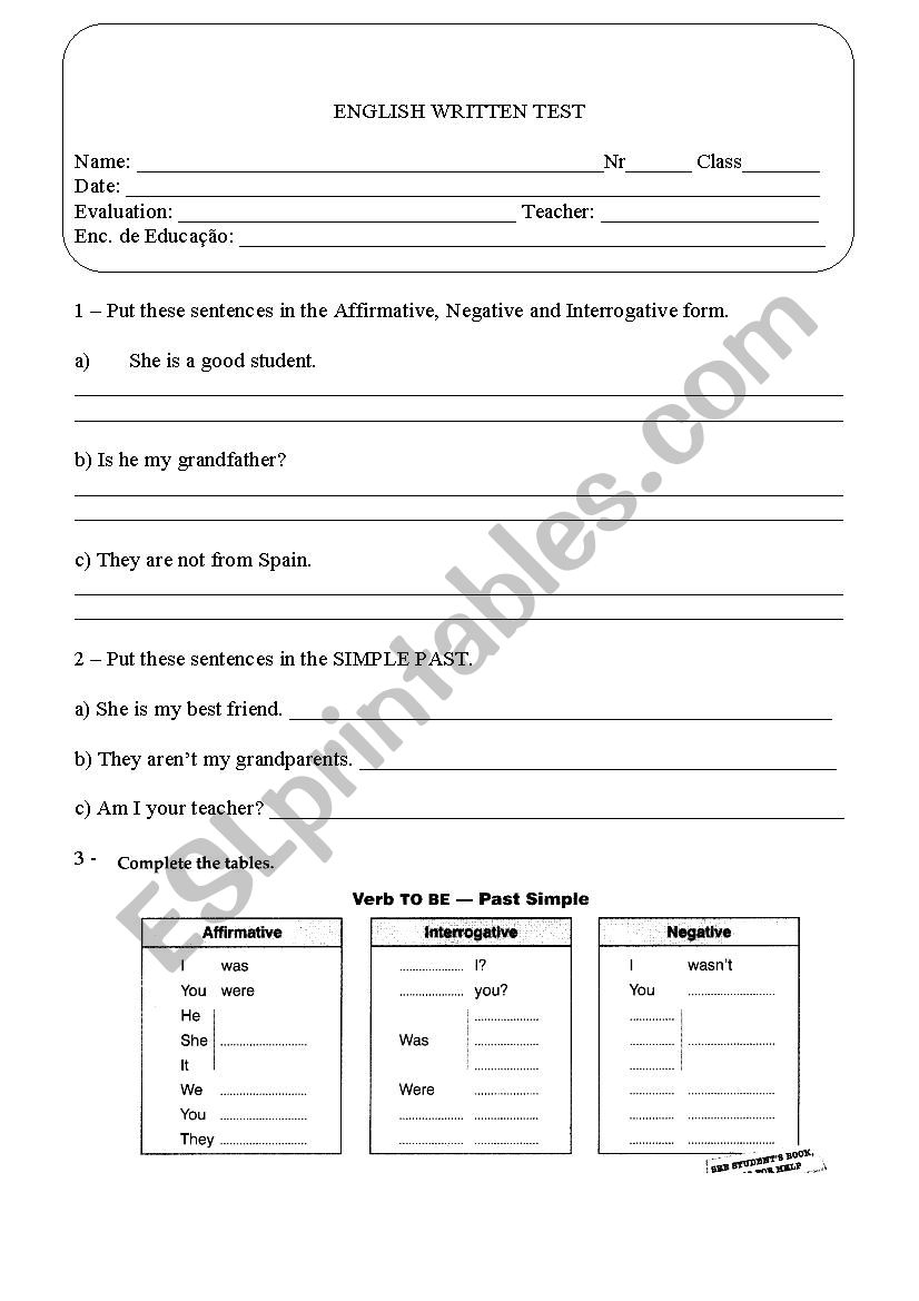 simple Past test worksheet