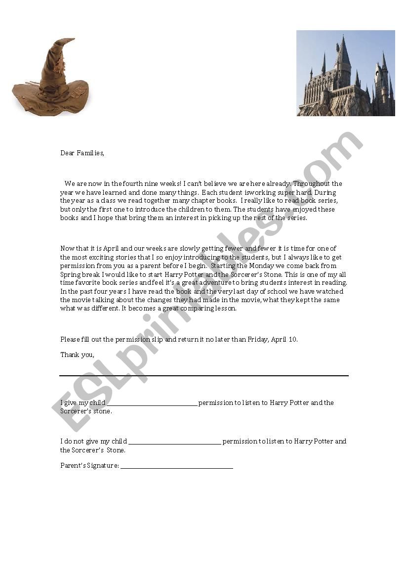 Harry Potter Permission slip for school reading 