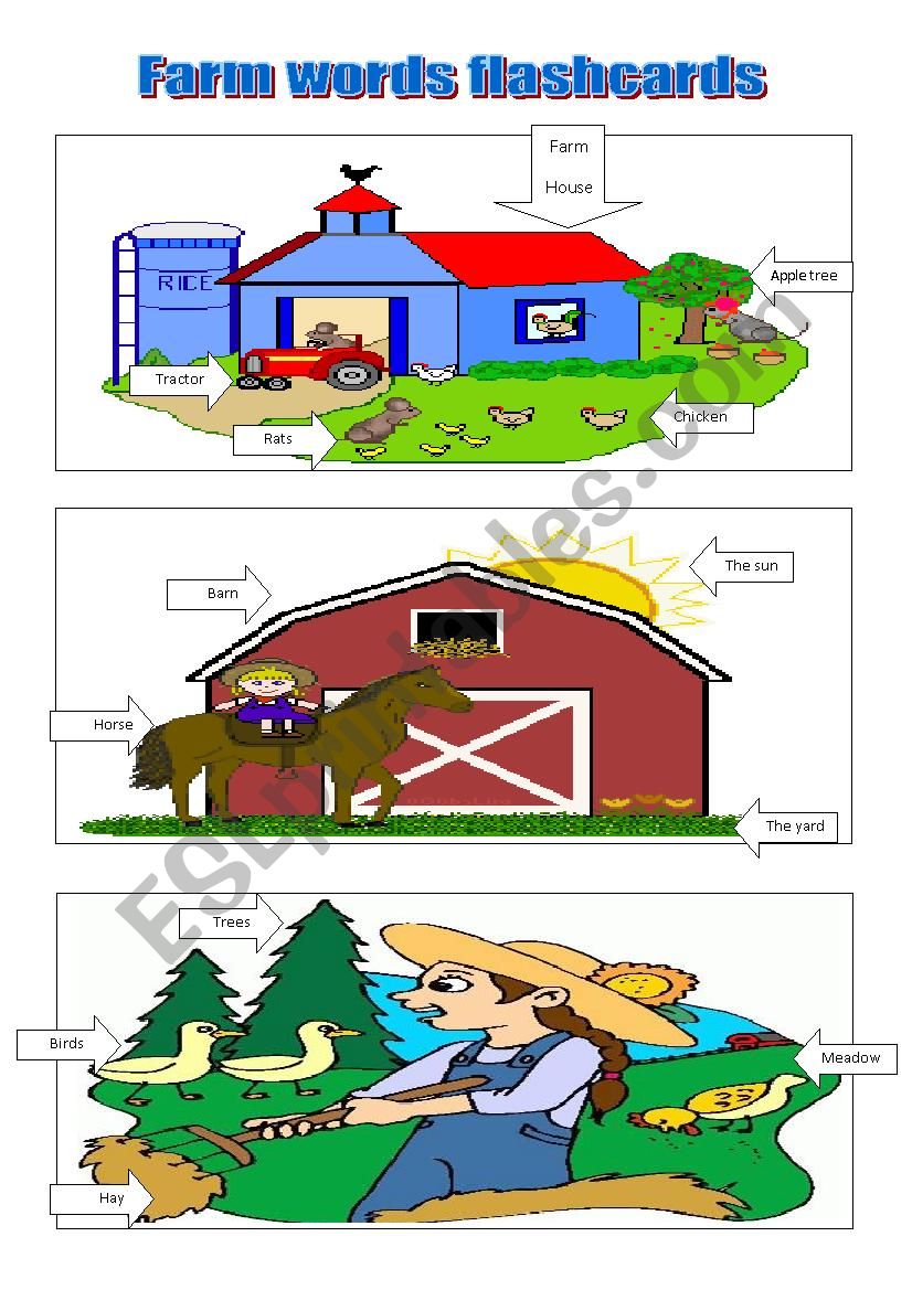 Farm words flashcards (21 flashcards with words on them)