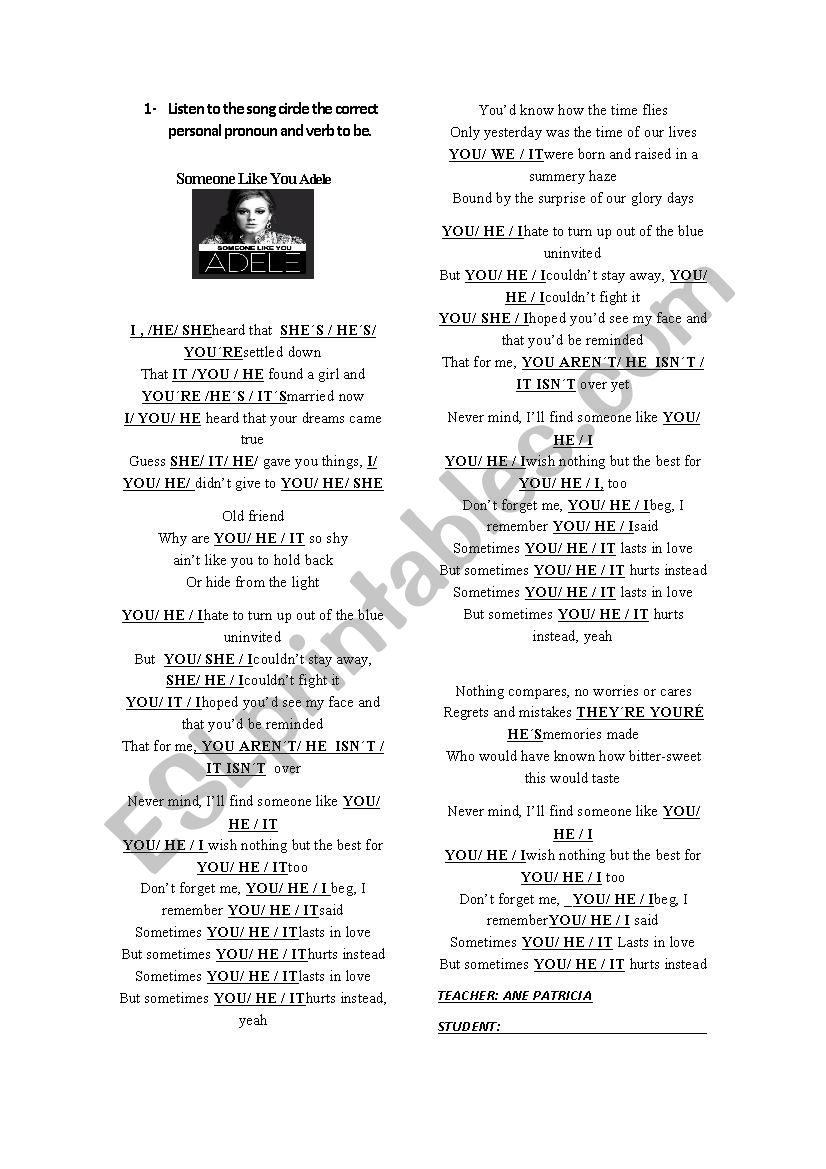 Someone Like You SONG WORKSHEET