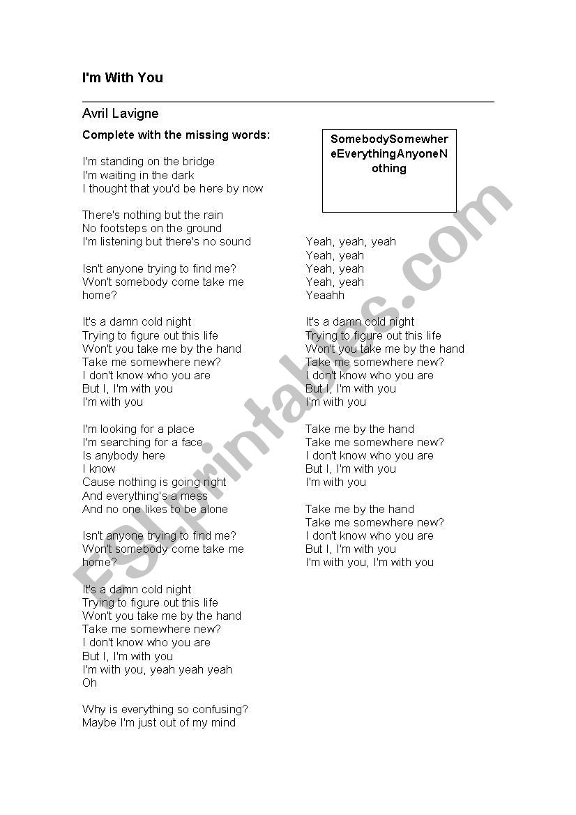 Im with you - Avril Lavigne worksheet