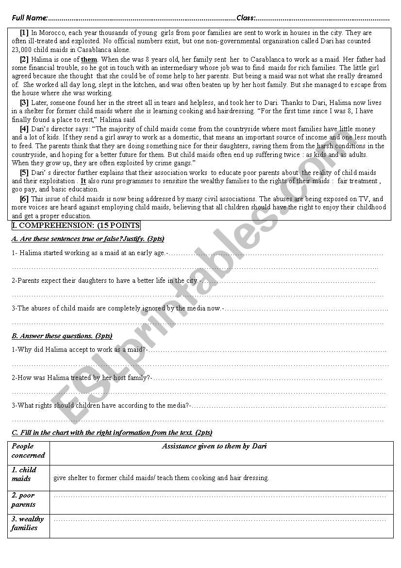 Test about  Child Maids worksheet