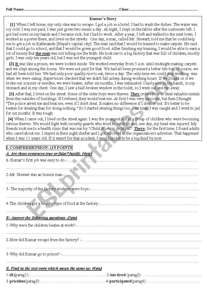 test about Child Labour worksheet