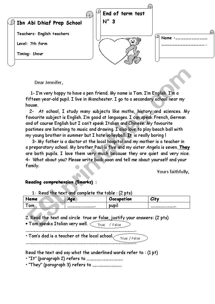 comprehensive test worksheet