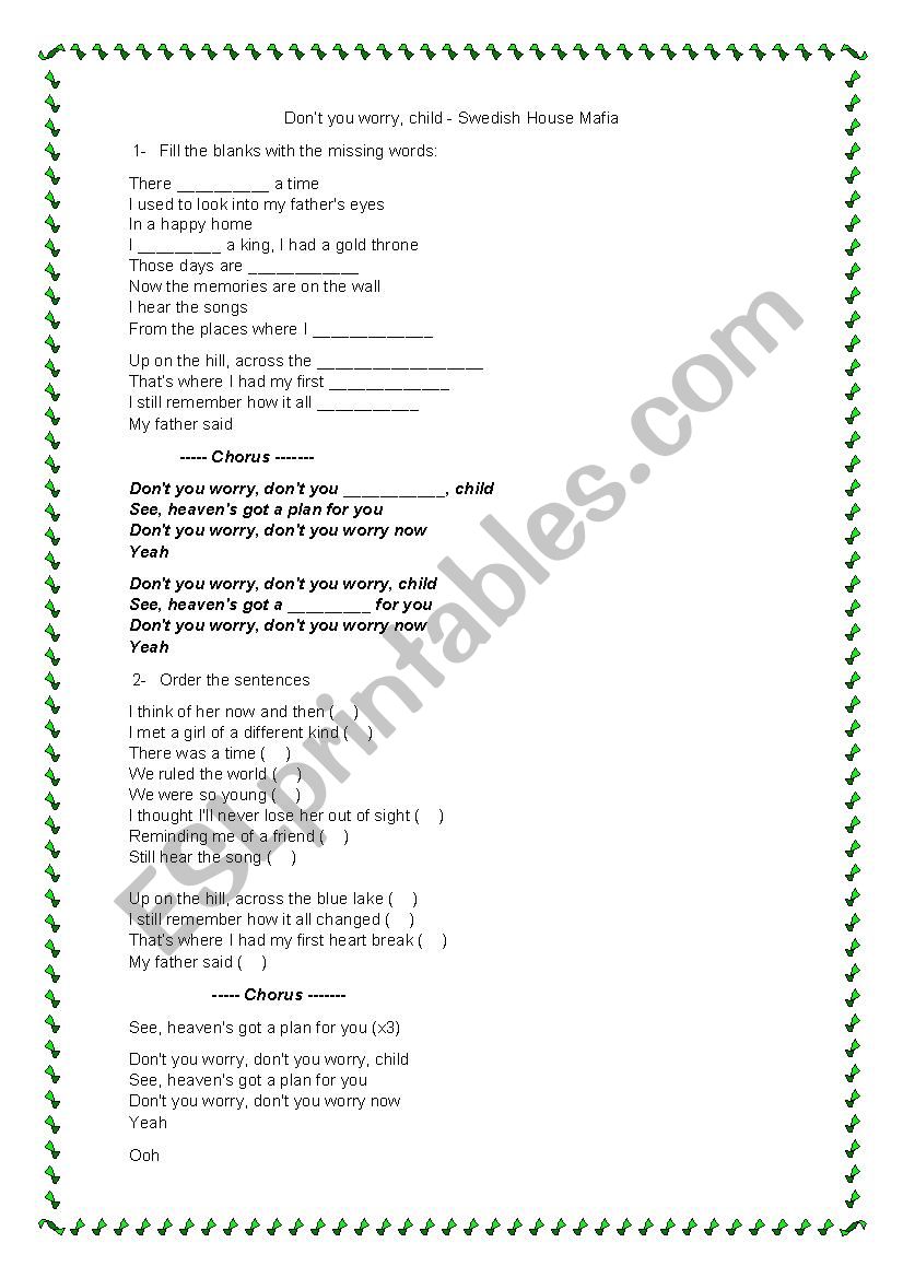 DonÂ´t you worry child  worksheet
