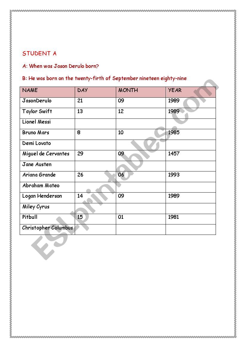 When was....born? worksheet