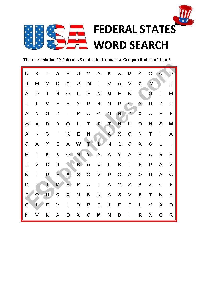 USA Federal States WORDSEARCH, key included