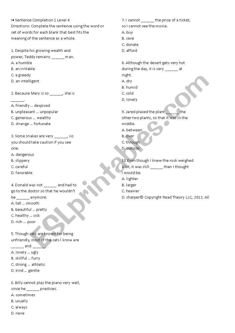 Sentence Completion worksheet