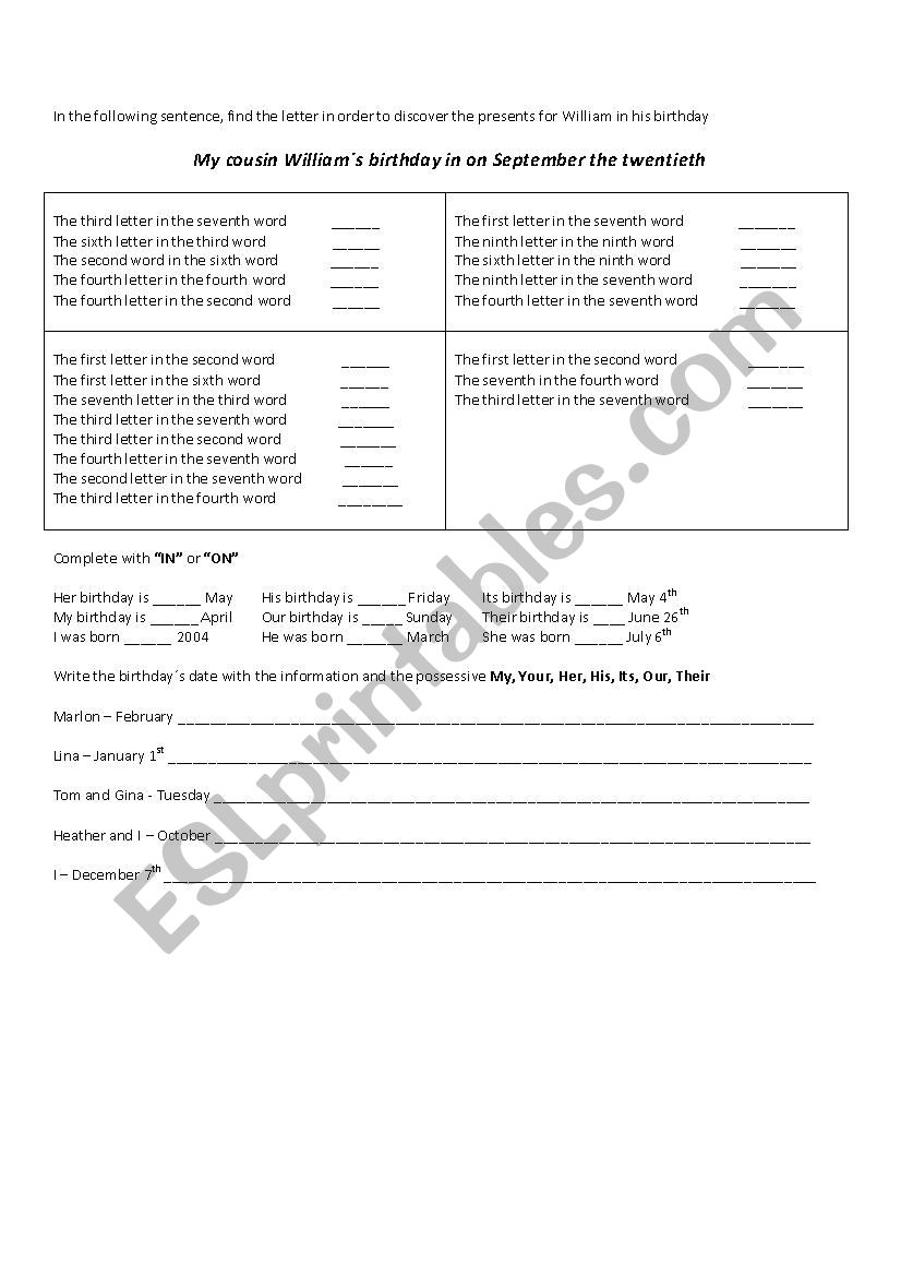 birthdays and ordinal numbers worksheet