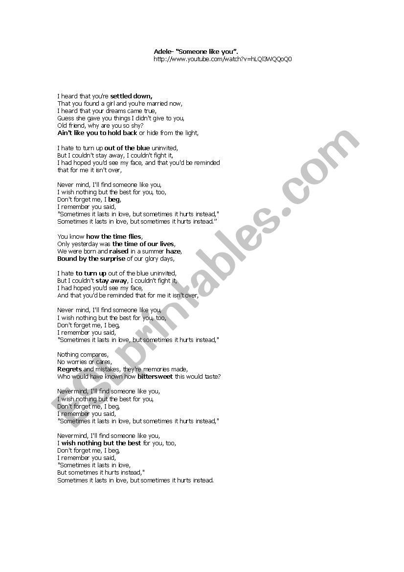 Adele. Someone like you worksheet