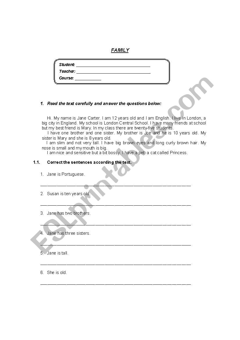 Family worksheet