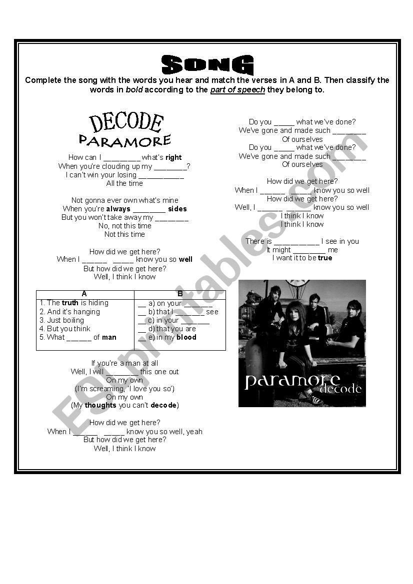 Decode Paramore worksheet