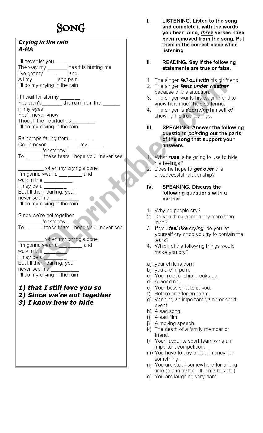 Crying in the rain a-ha worksheet