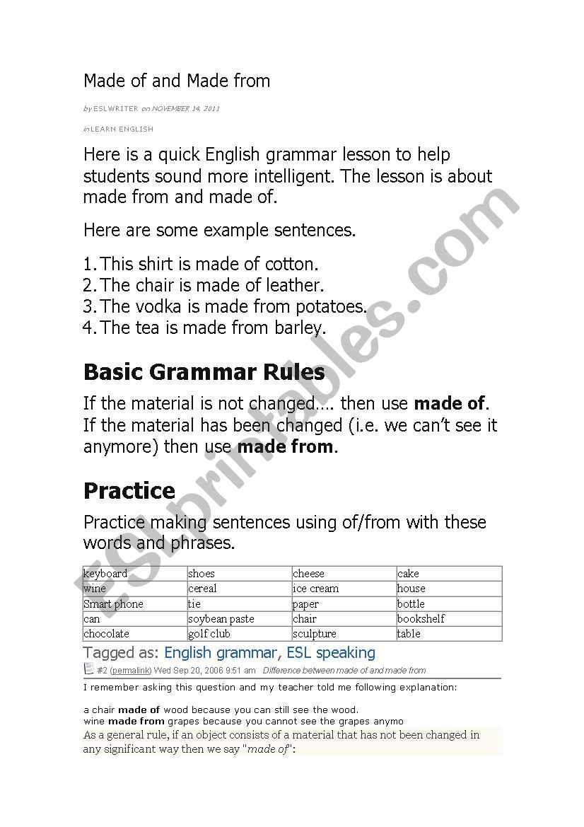 What is it made of? worksheet