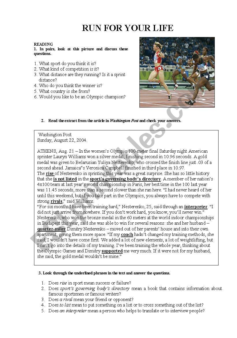 Run for your life worksheet