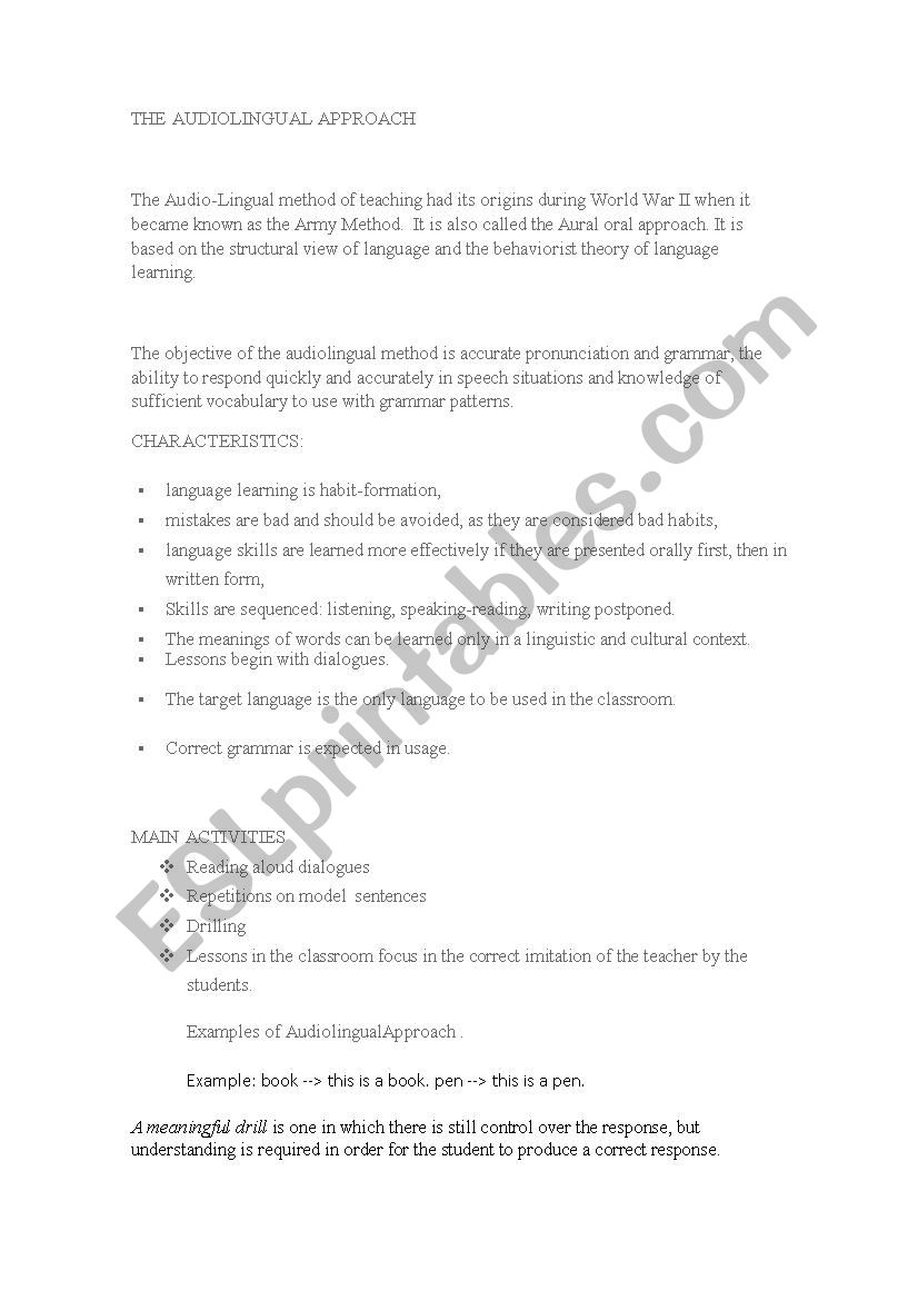 the audiolingualism approach worksheet