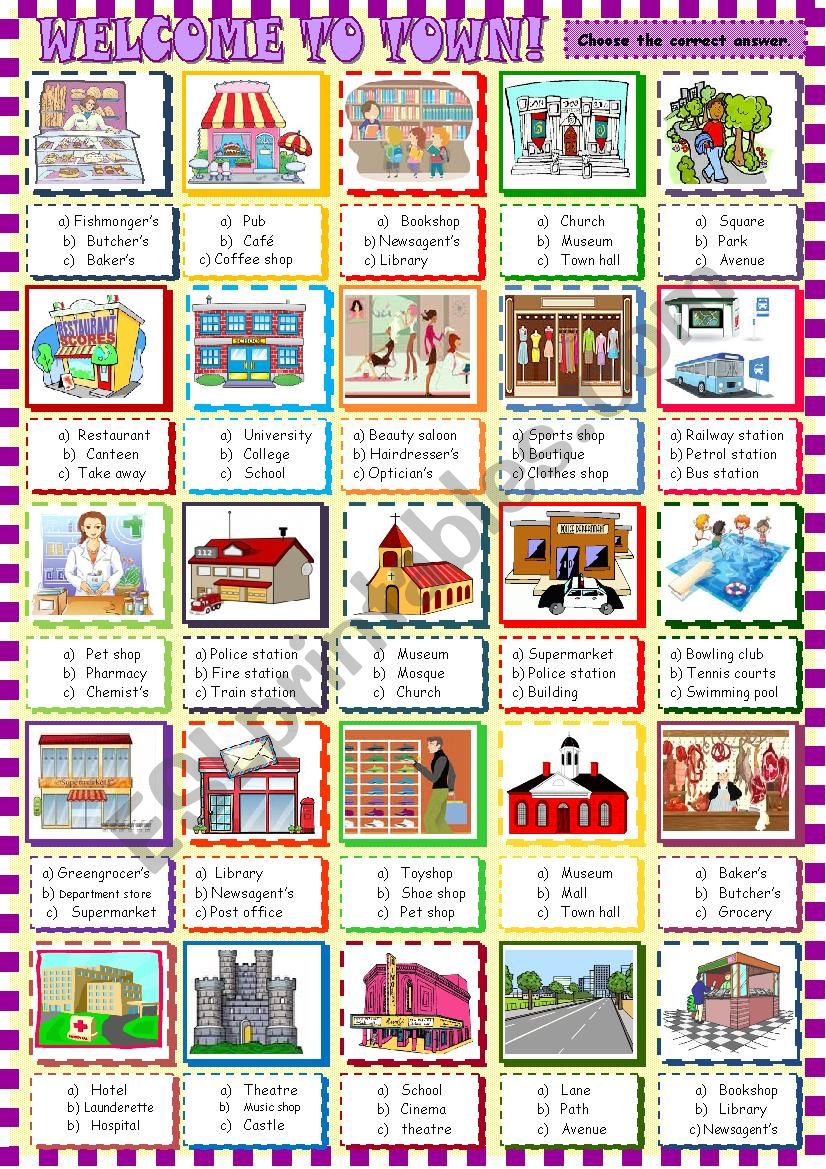 Welcome to town :multiple choice activity for young learners