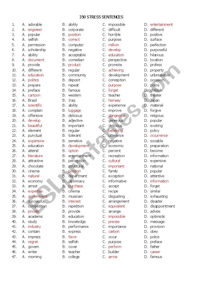350 stress sentences with answer