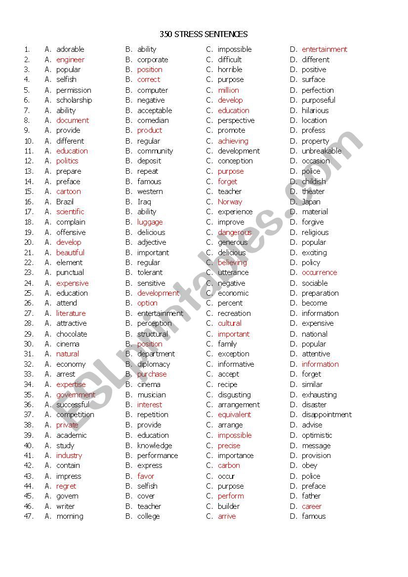 350 stress sentences with answer