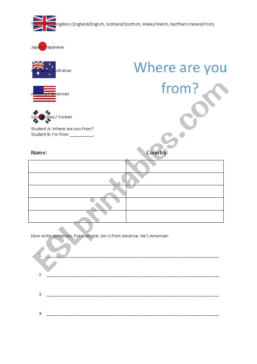 Where are you from? worksheet