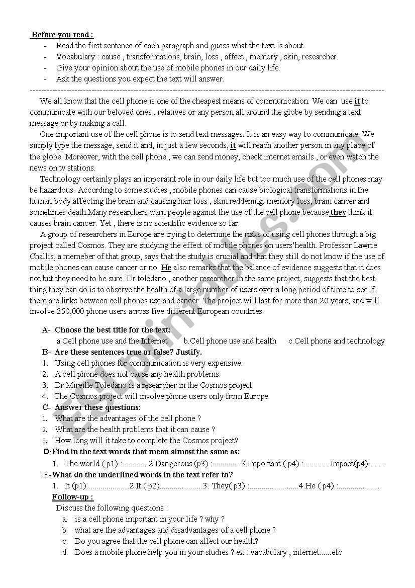 Reading : Mobile Phones worksheet