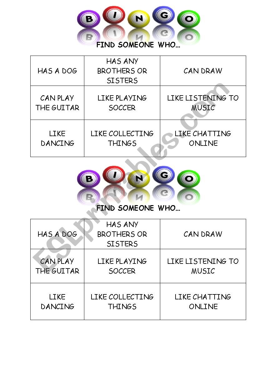 Bingo warm up activity worksheet