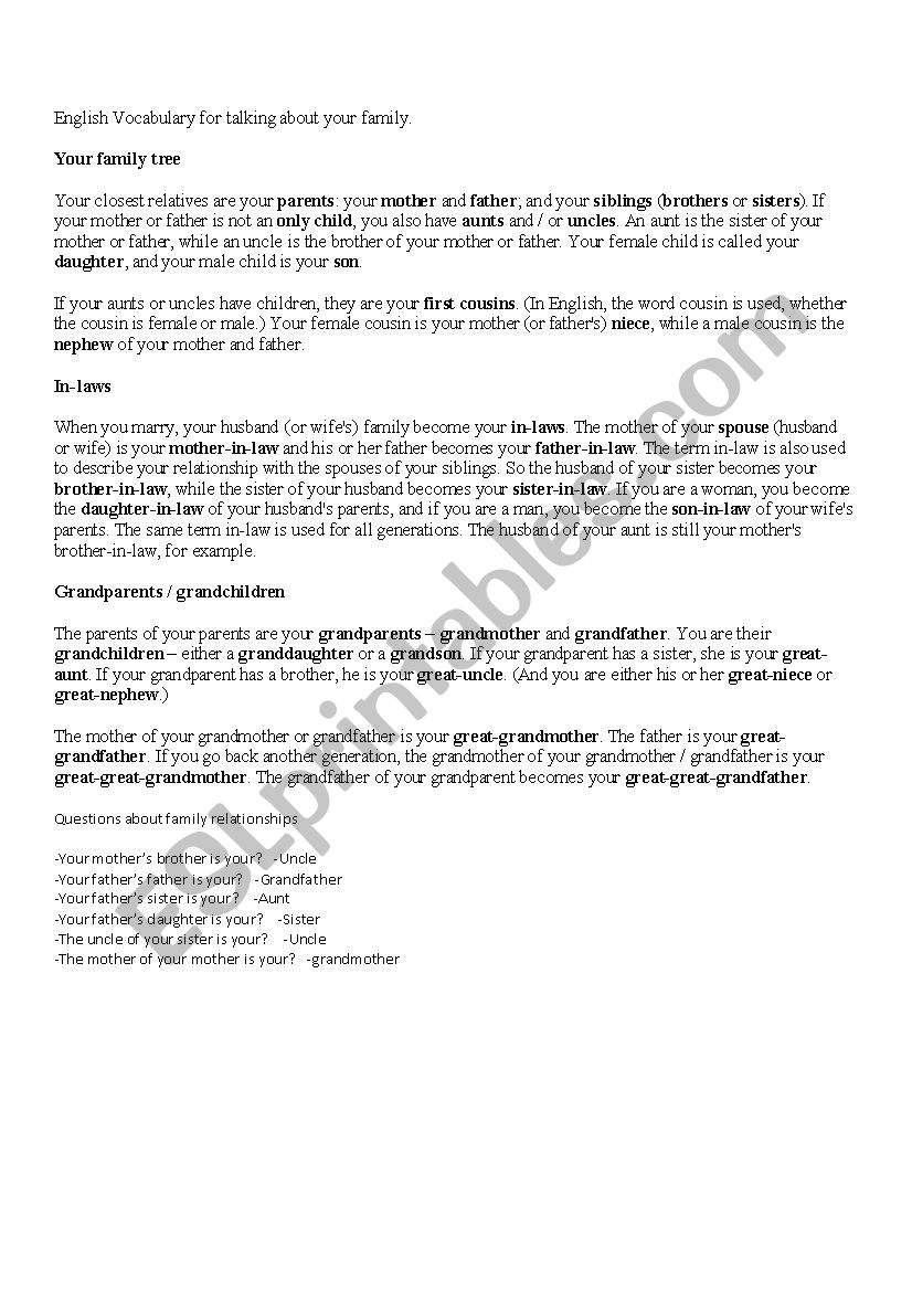 Family worksheet