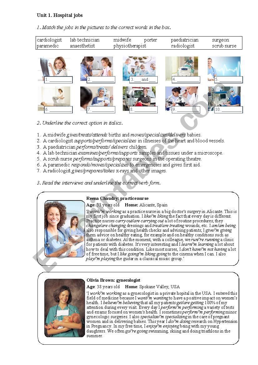 Hospital jobs (Nursing 1) worksheet