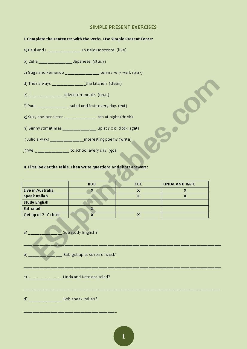 Simple Present Exercises worksheet